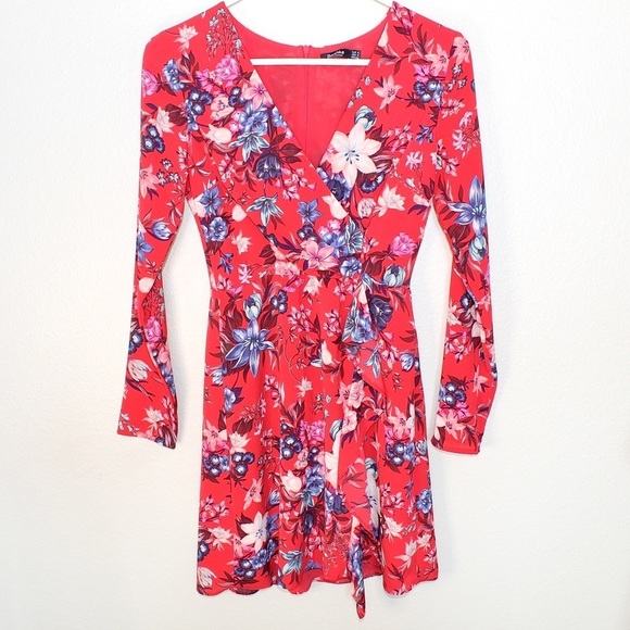 BERSHKA Red Floral Print Wrap Long Sleeve Mini Dress - Size Small - Picture 2 of 8